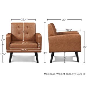 Yaheetech Mid-Century Accent Chairs, PU Leather Modern Upholstered Living Room Chair, Cozy Armchair Button Tufted Back and Wood Legs for Bedroom/Office/Cafe, Retro Brown