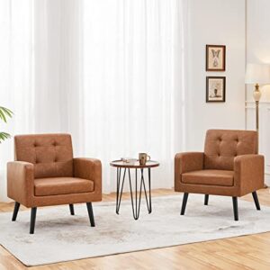 Yaheetech Mid-Century Accent Chairs, PU Leather Modern Upholstered Living Room Chair, Cozy Armchair Button Tufted Back and Wood Legs for Bedroom/Office/Cafe, Retro Brown