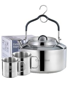 cretfine 304 stainless steel camping tea kettle with stackable cups and portable bag, anti-scalding open campfire coffee tea pot, 1.1 qt