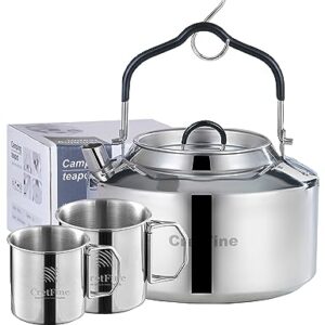 CretFine 304 Stainless Steel Camping Tea Kettle with Stackable Cups and Portable Bag, Anti-scalding Open Campfire Coffee Tea Pot, 1.1 Qt