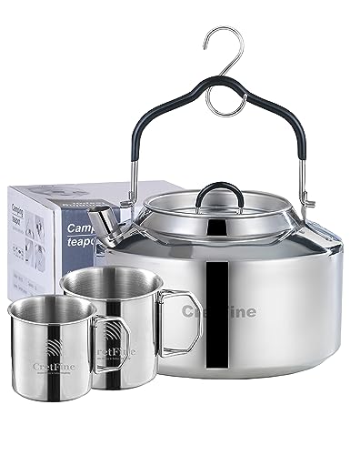 CretFine 304 Stainless Steel Camping Tea Kettle with Stackable Cups and Portable Bag, Anti-scalding Open Campfire Coffee Tea Pot, 1.1 Qt