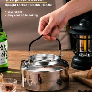 CretFine 304 Stainless Steel Camping Tea Kettle with Stackable Cups and Portable Bag, Anti-scalding Open Campfire Coffee Tea Pot, 1.1 Qt