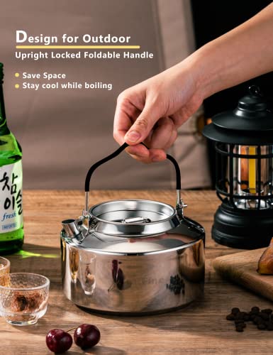 CretFine 304 Stainless Steel Camping Tea Kettle with Stackable Cups and Portable Bag, Anti-scalding Open Campfire Coffee Tea Pot, 1.1 Qt