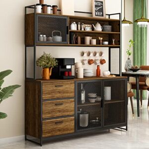ecacad modern wood sideboard buffet storage cabinet with hutch, 3 metal mesh doors, 3 drawers & shelves, kitchen pantry cupboard console table for living room, dining room, brown