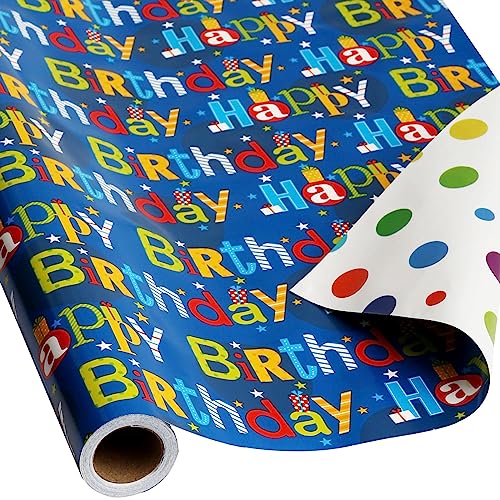 U'COVER Reversible Happy Birthday Wrapping Paper Roll for Kids Boys Girls - Birthday Greeting,Polka Dots Design Gift Wrapping Paper for Women Men Baby Shower Holiday 17.7inch×394inch Single Rolls