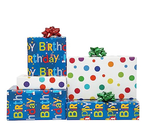 U'COVER Reversible Happy Birthday Wrapping Paper Roll for Kids Boys Girls - Birthday Greeting,Polka Dots Design Gift Wrapping Paper for Women Men Baby Shower Holiday 17.7inch×394inch Single Rolls