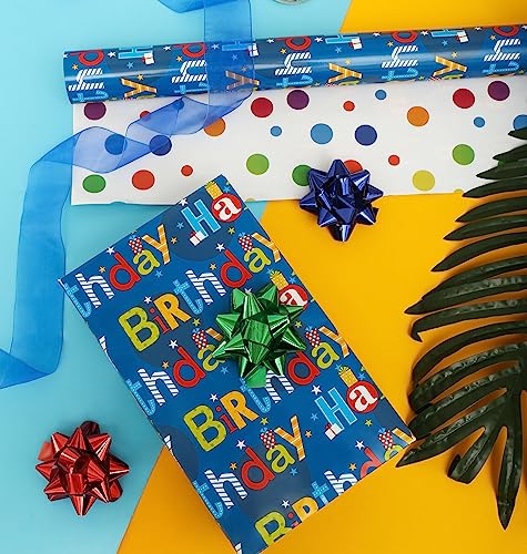 U'COVER Reversible Happy Birthday Wrapping Paper Roll for Kids Boys Girls - Birthday Greeting,Polka Dots Design Gift Wrapping Paper for Women Men Baby Shower Holiday 17.7inch×394inch Single Rolls