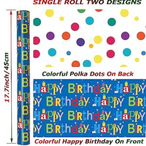 U'COVER Reversible Happy Birthday Wrapping Paper Roll for Kids Boys Girls - Birthday Greeting,Polka Dots Design Gift Wrapping Paper for Women Men Baby Shower Holiday 17.7inch×394inch Single Rolls