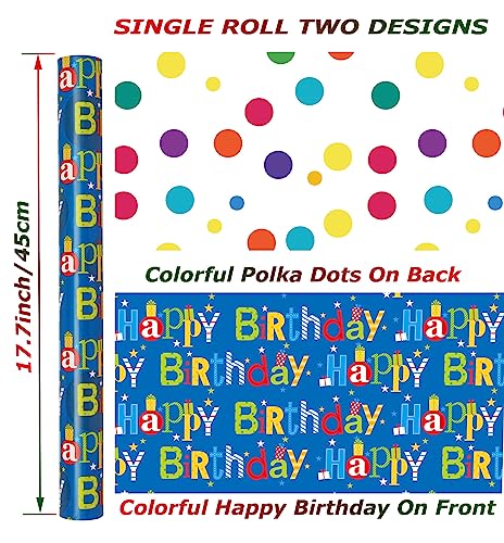 U'COVER Reversible Happy Birthday Wrapping Paper Roll for Kids Boys Girls - Birthday Greeting,Polka Dots Design Gift Wrapping Paper for Women Men Baby Shower Holiday 17.7inch×394inch Single Rolls