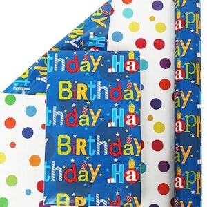 U'COVER Reversible Happy Birthday Wrapping Paper Roll for Kids Boys Girls - Birthday Greeting,Polka Dots Design Gift Wrapping Paper for Women Men Baby Shower Holiday 17.7inch×394inch Single Rolls