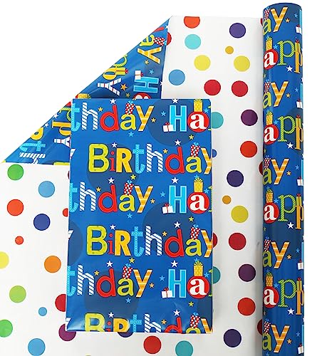 U'COVER Reversible Happy Birthday Wrapping Paper Roll for Kids Boys Girls - Birthday Greeting,Polka Dots Design Gift Wrapping Paper for Women Men Baby Shower Holiday 17.7inch×394inch Single Rolls