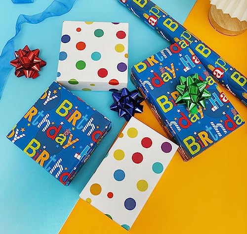 U'COVER Reversible Happy Birthday Wrapping Paper Roll for Kids Boys Girls - Birthday Greeting,Polka Dots Design Gift Wrapping Paper for Women Men Baby Shower Holiday 17.7inch×394inch Single Rolls