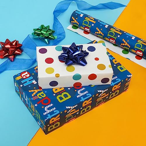 U'COVER Reversible Happy Birthday Wrapping Paper Roll for Kids Boys Girls - Birthday Greeting,Polka Dots Design Gift Wrapping Paper for Women Men Baby Shower Holiday 17.7inch×394inch Single Rolls