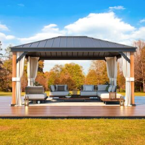 Erinnyees 12' x 16' Hickened Columns and Beams Hardtop Gazebo, Outdoor Wood Grain Frame Aluminum Gazebo, Galvanized Steel Single Roof with Netting and Curtains for Garden Patio, Lawns