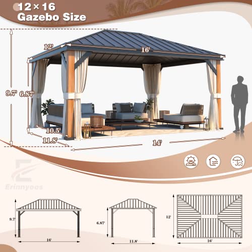 Erinnyees 12' x 16' Hickened Columns and Beams Hardtop Gazebo, Outdoor Wood Grain Frame Aluminum Gazebo, Galvanized Steel Single Roof with Netting and Curtains for Garden Patio, Lawns