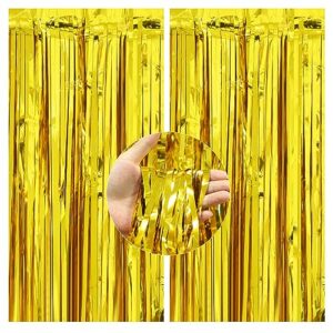 2 pack 3.3x8.2 ft gold foil fringe curtains backdrop, tinsel curtain backdrop, streamer backdrop for birthday party, graduation and most common holiday party decorations. by toppot