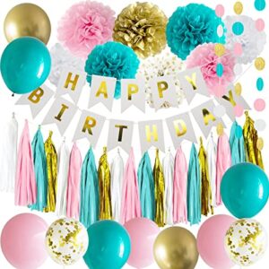 ansomo teal blue and pink happy birthday party decorations white blush gold gender neutral décor supplies balloons for girls women teens kids