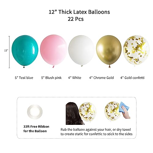 ANSOMO Teal Blue and Pink Happy Birthday Party Decorations White Blush Gold Gender Neutral Décor Supplies Balloons for Girls Women Teens Kids