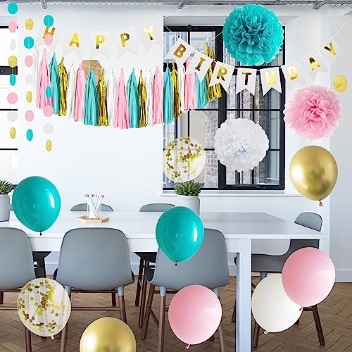 ANSOMO Teal Blue and Pink Happy Birthday Party Decorations White Blush Gold Gender Neutral Décor Supplies Balloons for Girls Women Teens Kids