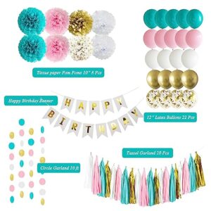 ANSOMO Teal Blue and Pink Happy Birthday Party Decorations White Blush Gold Gender Neutral Décor Supplies Balloons for Girls Women Teens Kids