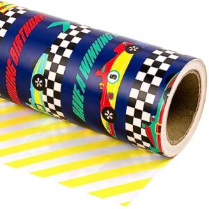 wrapaholic reversible wrapping paper - mini roll - 17 inch x 33 feet - racing cars and yellow stripes design design for birthday, holiday, baby shower