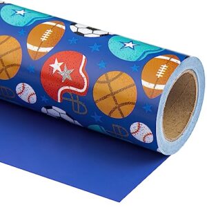 wrapaholic reversible wrapping paper - mini roll - 17 inch x 33 feet - ball design with solid blue design for birthday, holiday, baby shower
