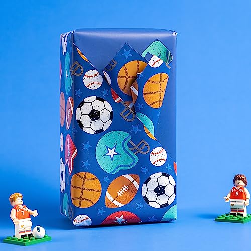 WRAPAHOLIC Reversible Wrapping Paper - Mini Roll - 17 Inch X 33 Feet - Ball Design with Solid Blue Design for Birthday, Holiday, Baby Shower