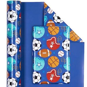 WRAPAHOLIC Reversible Wrapping Paper - Mini Roll - 17 Inch X 33 Feet - Ball Design with Solid Blue Design for Birthday, Holiday, Baby Shower