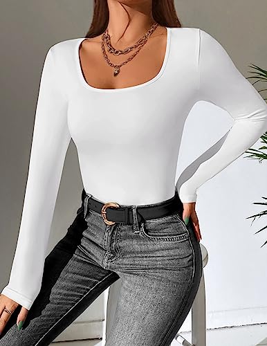 Ekouaer Long Sleeve Fitted Shirt Womens Scoop Neck Tight Tops Slim Fit Long Sleeve Undershirts Basic Shirts Thermal Tee Black,White M