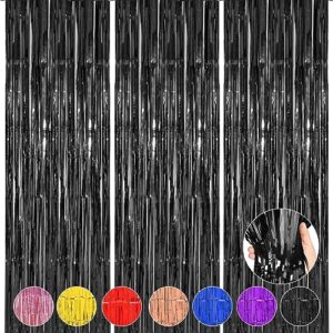 accevo 3 pack black foil fringe curtains party streamers 3.2ft x 8.2ft door streamer tinsel streamers black party decorations photo booth for halloween holiday celebration party decoration supplies