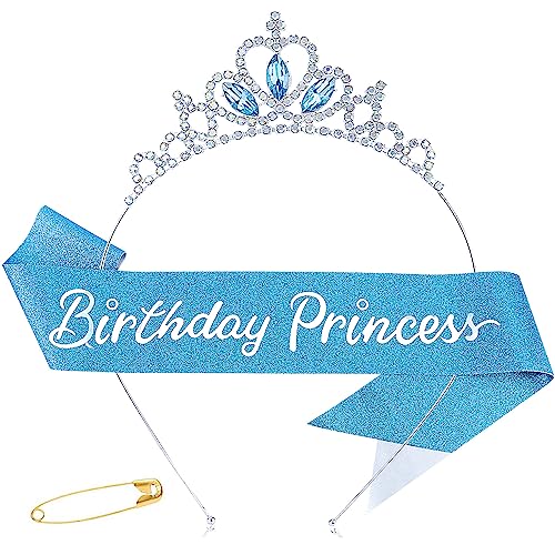 Chanaco Birthday Sash Birthday Girl Headband Set Birthday Crown Birthday Girl Sash Birthday Crown for Girls Princess Tiara Blue Happy Birthday Decorations Birthday Gifts