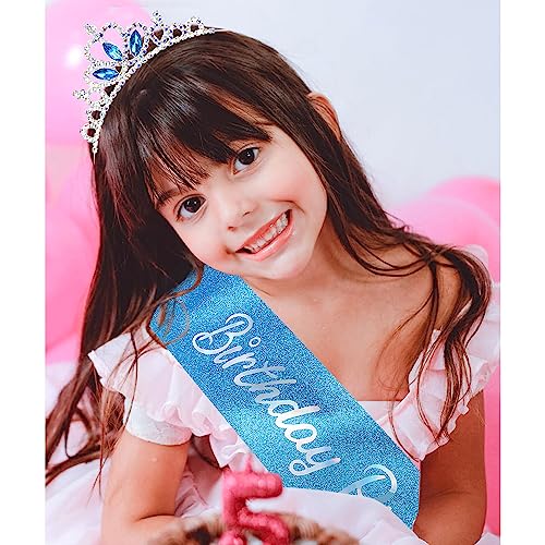 Chanaco Birthday Sash Birthday Girl Headband Set Birthday Crown Birthday Girl Sash Birthday Crown for Girls Princess Tiara Blue Happy Birthday Decorations Birthday Gifts