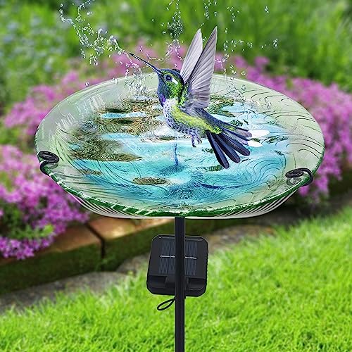 SUBOLO Bird Bath for Outdoors Solar Powered Glass Bird Bath Bowl with Metal Stake for Yard Lawn Garden Decorations, Transparent