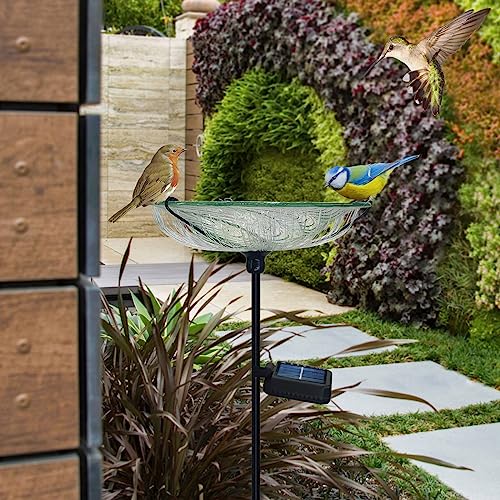 SUBOLO Bird Bath for Outdoors Solar Powered Glass Bird Bath Bowl with Metal Stake for Yard Lawn Garden Decorations, Transparent