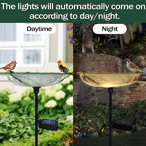 SUBOLO Bird Bath for Outdoors Solar Powered Glass Bird Bath Bowl with Metal Stake for Yard Lawn Garden Decorations, Transparent