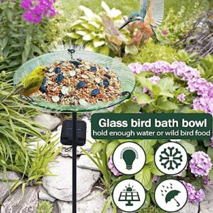 SUBOLO Bird Bath for Outdoors Solar Powered Glass Bird Bath Bowl with Metal Stake for Yard Lawn Garden Decorations, Transparent