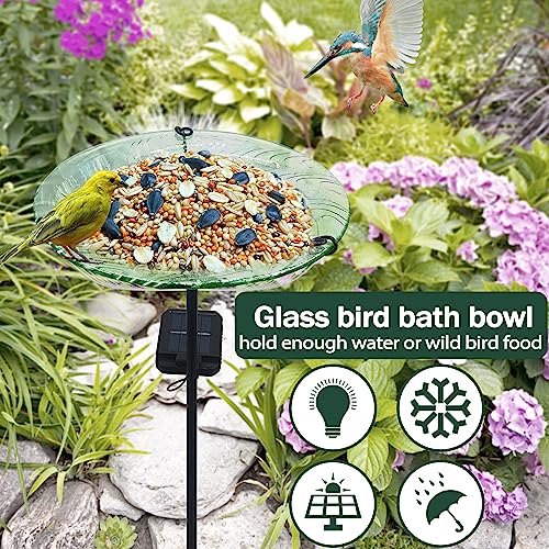 SUBOLO Bird Bath for Outdoors Solar Powered Glass Bird Bath Bowl with Metal Stake for Yard Lawn Garden Decorations, Transparent