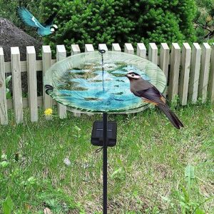 SUBOLO Bird Bath for Outdoors Solar Powered Glass Bird Bath Bowl with Metal Stake for Yard Lawn Garden Decorations, Transparent