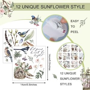 12 Sheets Rub on Transfers for Crafts and Furniture Rub on Transfers Stickers Classic Bird Floral Lavender Butterfly Decals for Home Office Paper Wood DIY Craft, 5.5 x 5.7 Inch (Bird)