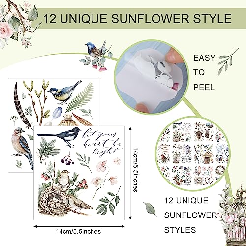 12 Sheets Rub on Transfers for Crafts and Furniture Rub on Transfers Stickers Classic Bird Floral Lavender Butterfly Decals for Home Office Paper Wood DIY Craft, 5.5 x 5.7 Inch (Bird)