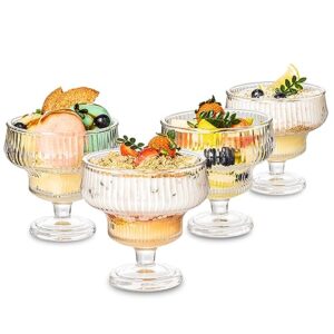 insetlan ice cream sundae glass bowl set of 4, clear stripes footed dessert bowls 10oz, glass dessert cups perfect for sundae, ice cream, fruit, salad, cocktail, trifle