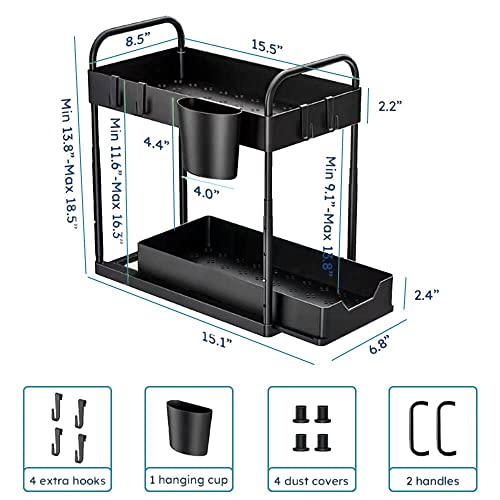 Height-Adjustable 2-Tier Under Sink Organizer and Storage, 2 Pack Large Capacity Heavy Load Pull-Out Under Sink Shelves with Sliding Drawer for Kitchen and Bathroom, Black