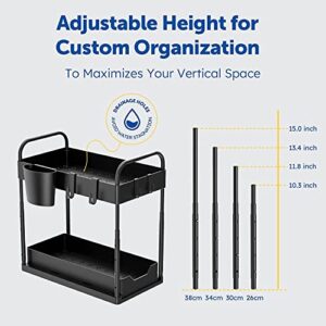 Height-Adjustable 2-Tier Under Sink Organizer and Storage, 2 Pack Large Capacity Heavy Load Pull-Out Under Sink Shelves with Sliding Drawer for Kitchen and Bathroom, Black