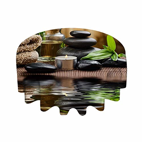 IBILIU Round Tablecloth 60 Inch,Zen Basalt Stones and Spa Oil On The Wood Decorative Polyester Table Cloths,Waterproof Table Cover for Home,Holiday,Party,Indoor and Outdoor