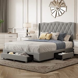 polibi queen size upholstered platform bed,queen bed frame with tufted headboard and 3 drawers, no box spring needed,velvet fabric,gray