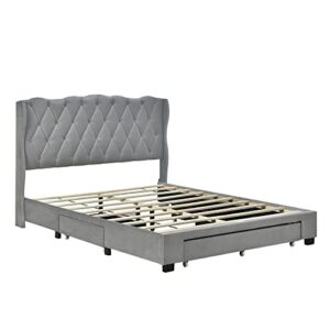 Polibi Queen Size Upholstered Platform Bed,Queen Bed Frame with Tufted Headboard and 3 Drawers, No Box Spring Needed,Velvet Fabric,Gray