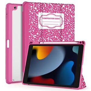 okp for ipad 9th/8th/7th generation case (2021/2020/2019), ipad 10.2 inch cases with trifold stand, slim ipad 9/8/7 cover with pencil holder for kids women men, clear back shell, composition book pink