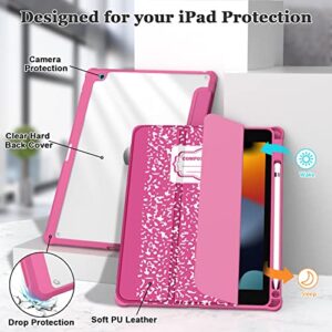 OKP for iPad 9th/8th/7th Generation Case (2021/2020/2019), iPad 10.2 inch Cases with Trifold Stand, Slim ipad 9/8/7 Cover with Pencil Holder for Kids Women Men, Clear Back Shell, Composition Book Pink