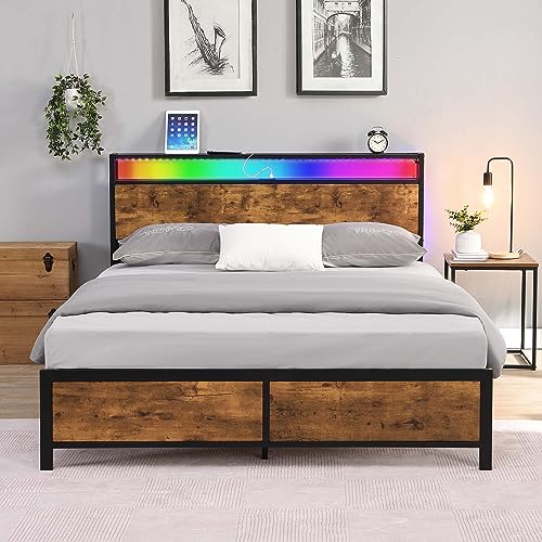 Olela Full Size Bed Frame,Metal LED Platform Bed Frame with LED Lights Headboard and Strong Slats Support,Noise-Free,No Box Spring Needed (Full)