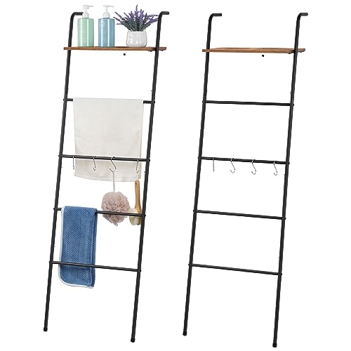 2 Pack Blanket Ladder Shelf, 5-Tier Pool Towel Rack Outdoor with Hooks, Wall-Leaning Decorative Blanket Holder, Farmhouse Blanket Storage for Living Room, Bedroom, Bathroom